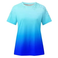 Женски дантелени кухи кръгла шия с къс ръкав тениска топ женски върхове син XL