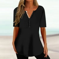 Fjofpr дамски дрехи летни бутони ризи за жени солиден цвят v-образно деколте с късо ръкав свободен приготен основен блуза върхове