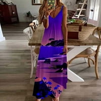 Дамски Слим Бохо без гръб Макси рокля клирънс без ръкави в врата рокля плажна риза Залез отпечатани рокля лятото Модерен Тъмно синьо л