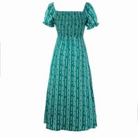 B91XZ плюс размер летни рокли вертикална ивица флорален щампа, подредена талия Една линия рамо късо ръкави за празнична рокля хавайски рокли за жени зелени, xxl