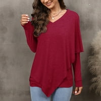 Daznico дамски върхове дамски v шия с дълъг ръкав туника отгоре плътно цвят пуловер нередовен хлабав ежедневна тениска с дълъг ръкав ризи за жени червено m