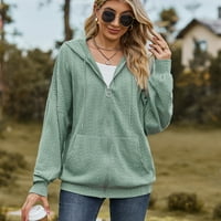 Качулки за жени дами v шия дълъг ръкав твърд цветен цип пуловер моден свободен връх