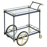 Метална рамка сервираща количка със стъклени рафтове и странична дръжка, черно и злато-салтово шерпи