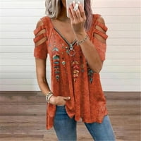 Женски ризи летни женски върхове с v-образен цип пуловер печат с къс ръкав свободен тениска оранжева xxxxxl