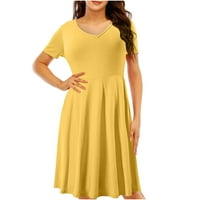 Женска мода удобна къса ръкав v Врат Плътна цветна лятна рокля жълта s