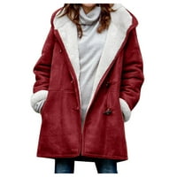 Жени Разчистване на дълги ръкави Жени зима плюс размер солиден плюс кадифено палто с дълъг ръкав рог загъване джоб джобни палти флаш избира червени xxl