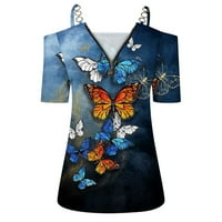 Scyoekwg летни върхове за жени удобни свободни кратки ръкави върхове елегантни v-образни ципове студени върхове на рамото класически пеперуда графична модерна излизане на върхове Причинен блуза тъмно синьо