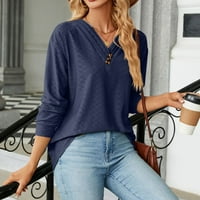 JPLZI Женски тениска с дълъг ръкав Мода V Колар върхове Твърди цвят небрежни блузи