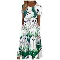 Hhei_k Дамски рокли с дълъг ръкав Женски летен ежедневен моден отпечатан къс ръкав кръгла джобна рокля в шията