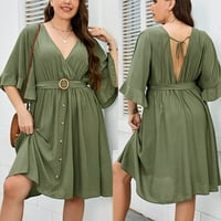 Efsteb плюс размер рокля за жени v-образно рокля с къс ръкав лятна рокля небрежна тънка солидна цветна рокля плюс размер рокля зелено xxl