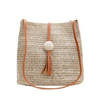 Подарък за клирънс！ Плетна дървена мъниста раменна слама сплетена чанта с женска чанта за рамо шоколад цвят