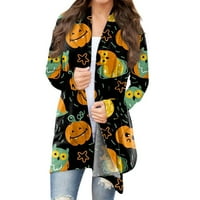 Плюс размер жилетка с дълъг ръкав дамски големи есенни пуловери Памучни ризи със средна дължина Хелоуин отпечатани леки дрехи за жени Зелени s