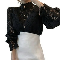 Дълъг ръкав жените риза дантела Френска Блуза Флорален силует стои яка риза 3хл Черно