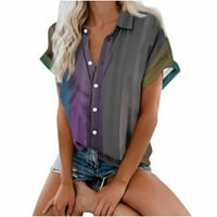 Клирънс Женски небрежен копче с късо ръкав на ризата надолу летни блузи градиент цветни отпечатани модни свободни годни върхове