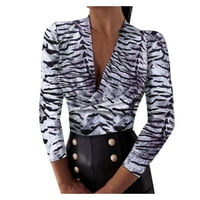 Блузи за жени модни есенни върхове жени с дълъг ръкав с v-образно деколте леопардова риза топ блуза бяло xs