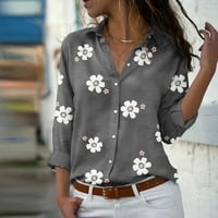 Женски моден свободен флорален отпечатан бутон с дълъг ръкав блуза ежедневни върхове сиви xxxl