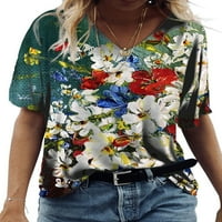 Жени блуза с къси ръкави флорални принт върхове Лятна ежедневна тениска за шия на шията