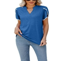 Haite жени тениска v Врат тениска солиден цвят летни върхове ежедневно облекло на празника Празник с къс ръкав Blue L