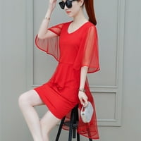 ertutuyi жени модна лятна дама елегантна v-образно деколте с късо ръкав чист цветна рокля червен xl