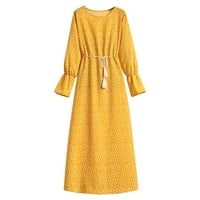 Рокля на Cethrio Boho за жени- модни есенни рокли Crewneck Флорални отпечатани дълги ръкави Колан Шифон Рокля Жълта