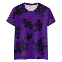 Просвещение Лятни блузи за къси ръкави за жени Crewneck Fall Fashion Flower Print Pullover върхове лилаво l