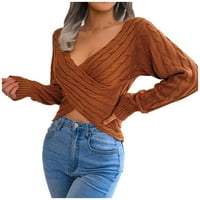 Ketyyh-chn жени винтидж суичър солиден цвят пуловер кръгла врата пуловер с дълъг ръкав бял, един размер