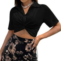 Женски блузи ежедневни обикновени горни якички с къс ръкав усукване черно xs
