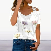Leylayray дамски върхове женски тениски ризи модна тениска с дантела с прашка за небрежни разхлабени отпечатани върхове с къс ръкав лято бяло xxl