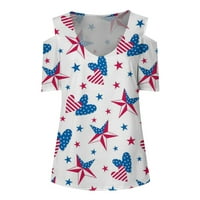 Плюс размер американски флаг върхове жени 4 юли риза патриотични звезди ивици печат без презрамки блуза студено рамо късо ръкав бял s
