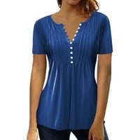 Sksloeg жени блуза плюс размер къс ръкав масивна туника върхове копче за копче надолу блуза ежедневно плисирана основна пуловер, небесно син xxl