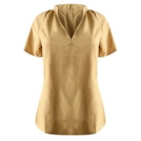 Bazyrey Womens V-образно деколте върхове женски късо ръкав твърда блуза Небрежна туника ризи жълти 2xl