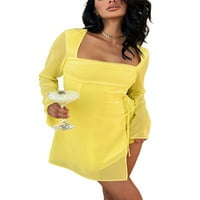 Nituyy жени рокля с дълъг ръкав Небрежен солиден цвят двоен слой мрежа за парти за плажен клуб улични дрехи