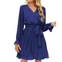 Рокли за жени с v-образен деколте с дълъг ръкав солидна обвивка рокли къси модерни модни опаковки сини xxl