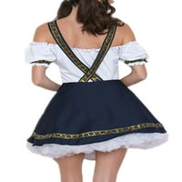 Секси танцови жени Косплей униформа от рамото Dirndl рокля Етнически стил Октоберфест Рокли Небрежно барман Синьо бял XL