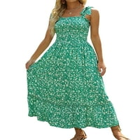Haite жени дълга рокля флорален принт Лятен плаж Sundress Square Neck Maxi Рокли Хавайски бохо без ръкави Светло зелено L