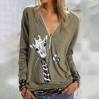 Жени V-образно деколте Giraffe Fun Pattern Printed Zipper дълги ръкави тениски върхове hot8sl4869232