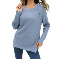 Riforla жена модна ежедневна пуловер пуловер с дълъг ръкав кръгла шия куха плетеница от женски пуловер пуловер син xxl