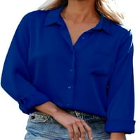 Grianlook дамски върхове бутон надолу блуза с дълги ръкави жени женски разхлабена туника риза елегантна ревера кралско синьо xl