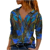 Scyoekwg модерни блузи с дълъг ръкав за жени есенни модни туники върхове модел отпечатани ежедневни свободни годни блузи леки меки v врати Fall върхове Дами върхове пуловер тъмно синьо L