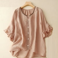 Дамски памучен копче за спално бельо надолу върхове солиден цвят v ризи за шия работят блузи върхове