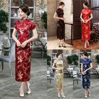Жени cheongsam китайски традиционна банкетна рокля разцепена тънка стояща яка вино червено xl