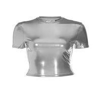 Едно отваряне на летните блясъци на жените монтирани тениски с къс ръкав Bodycon лъскави реколта върхове секси искрящи метални тънки годни тийнейджъри клубни дрехи