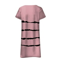 Летни рокли за жени раирани дължина на коляното a-line къс ръкав ежедневна рокля с v-образно декол розово xl