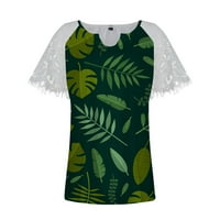Сладки летни върхове за жени Намалени дантелени сплайсинг на тениска с къс ръкав Топ модерна лятна ежедневна графична процъфтяваща туника тениски свободни обикновени приспособления уютна блуза за гамаши зелени