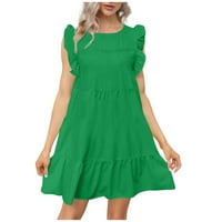Женски рокли мини къси ръкав мини отпечатани летни кръгли деколте рокля зелено s
