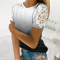 CaCommark pi върхове за женски небрежен отпечатан тениска дантела с къс ръкав кръгла шия блуза черно