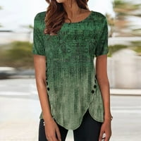 Големи тениски за жени винтидж летен цветен цветен блок с малък ръкав нередовен подгъващ топ на туника, зелен XL