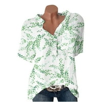 Смихоно дамски елегантни Памучни Ленени тениски с копчета на гърдите Сплит в Деколте удобни свободни ежедневни рокля блуза С къс ръкав Дамски върхове листа графични тениски Модерен Лято зелено 6