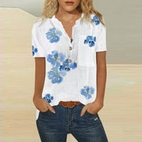 Moonker дамски върхове ризи за жени Лято модерен отпечатан деколте от деколте блузи блузи тениска отгоре с къс ръкав бял