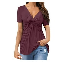 Dndkilg секси летни дрехи за жени, усукване на предния плисиран възел Женски работни ризи или блузи дълбоки V шия късо ръкав блузи туника женски тениски